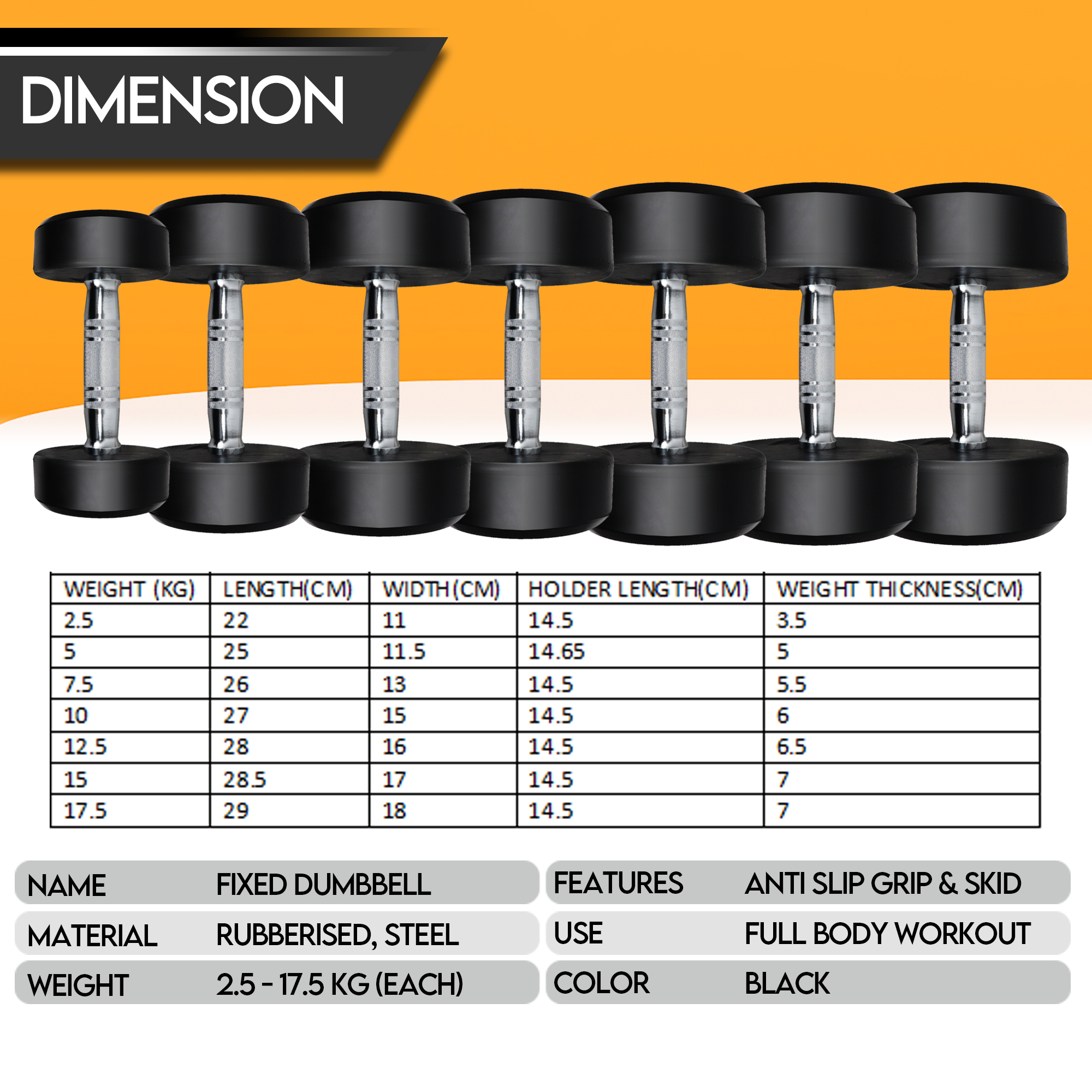 2.5kg Rubberised Fixed Dumbbell