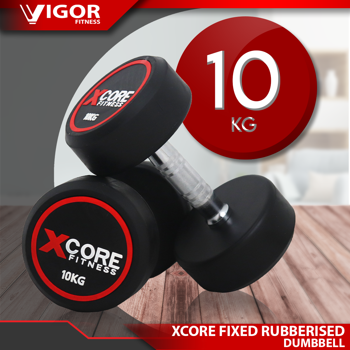 10kg Rubberised Fixed Dumbbell