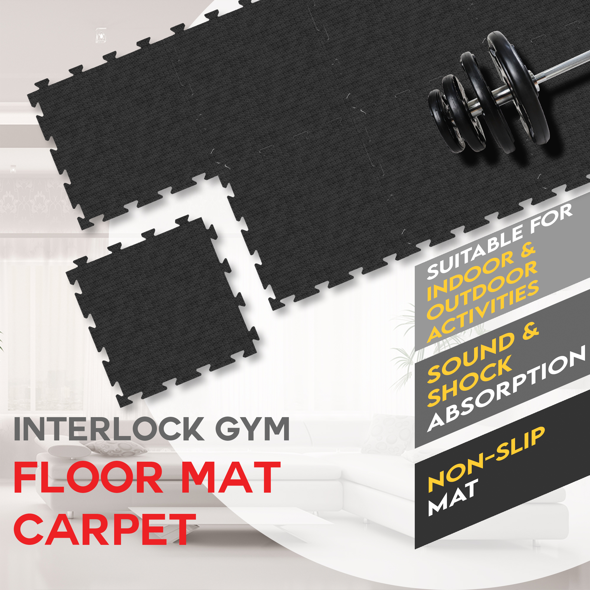 Interlock Gym Floor Mat Carpet (50cm x 50cm x 1.5cm x 4 Pcs)